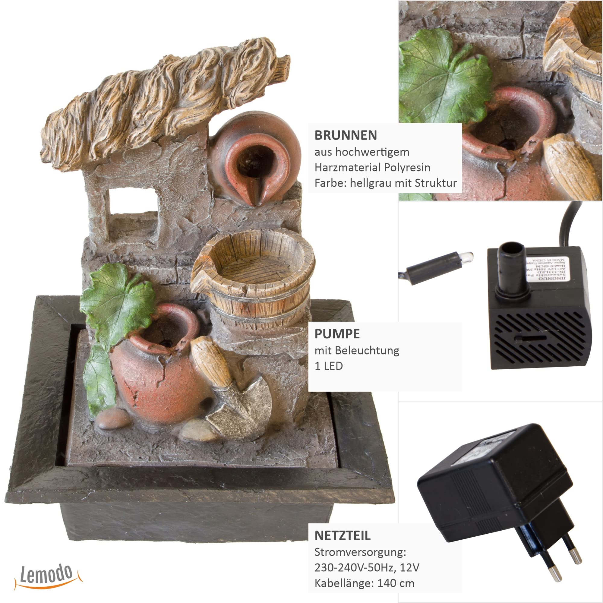 lemodo-nativ-zimmerbrunnen-toskana-tischbrunnen-mit-led-beleuchtung-grau image 2