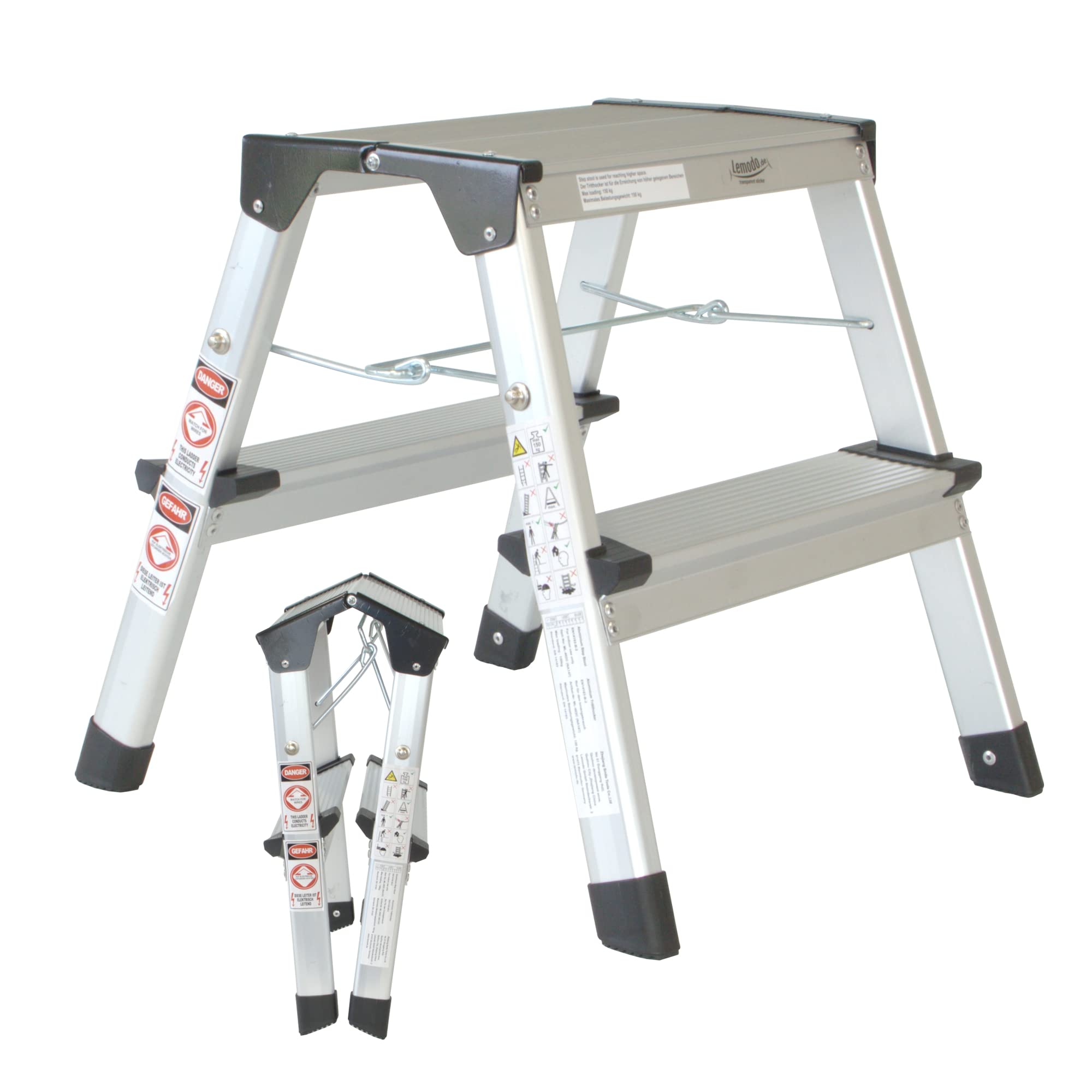 lemodo-alu-trittleiter-zusammenklappbar-2-stufen-41-cm-h-he-bis-150-kg image 1