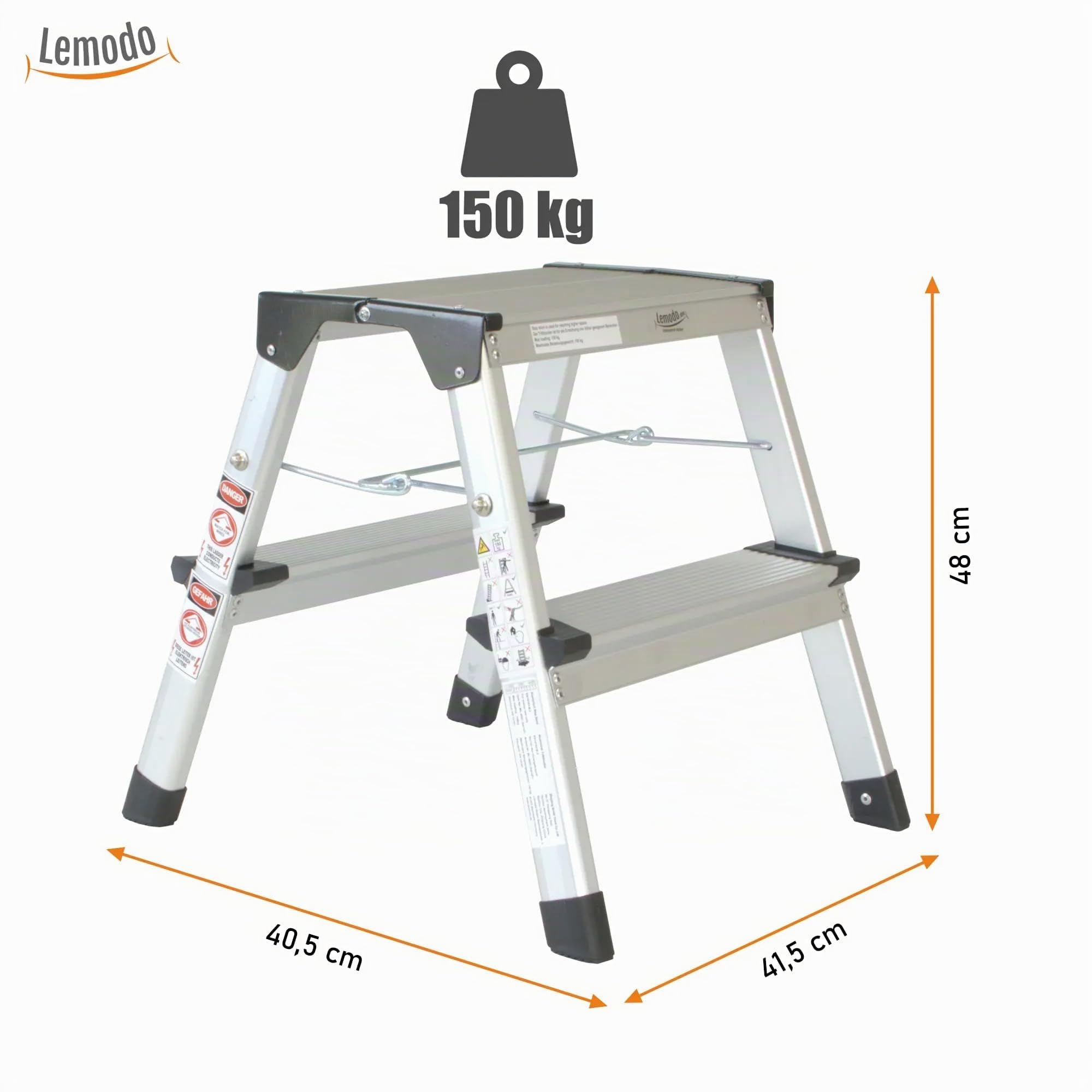 lemodo-alu-trittleiter-zusammenklappbar-2-stufen-41-cm-h-he-bis-150-kg image 2