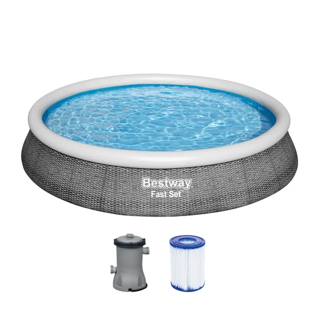 bestway-fast-set-aufstellpool-set-396-x-84-cm-rattan-schiefergrau-mit-filterpump image 1