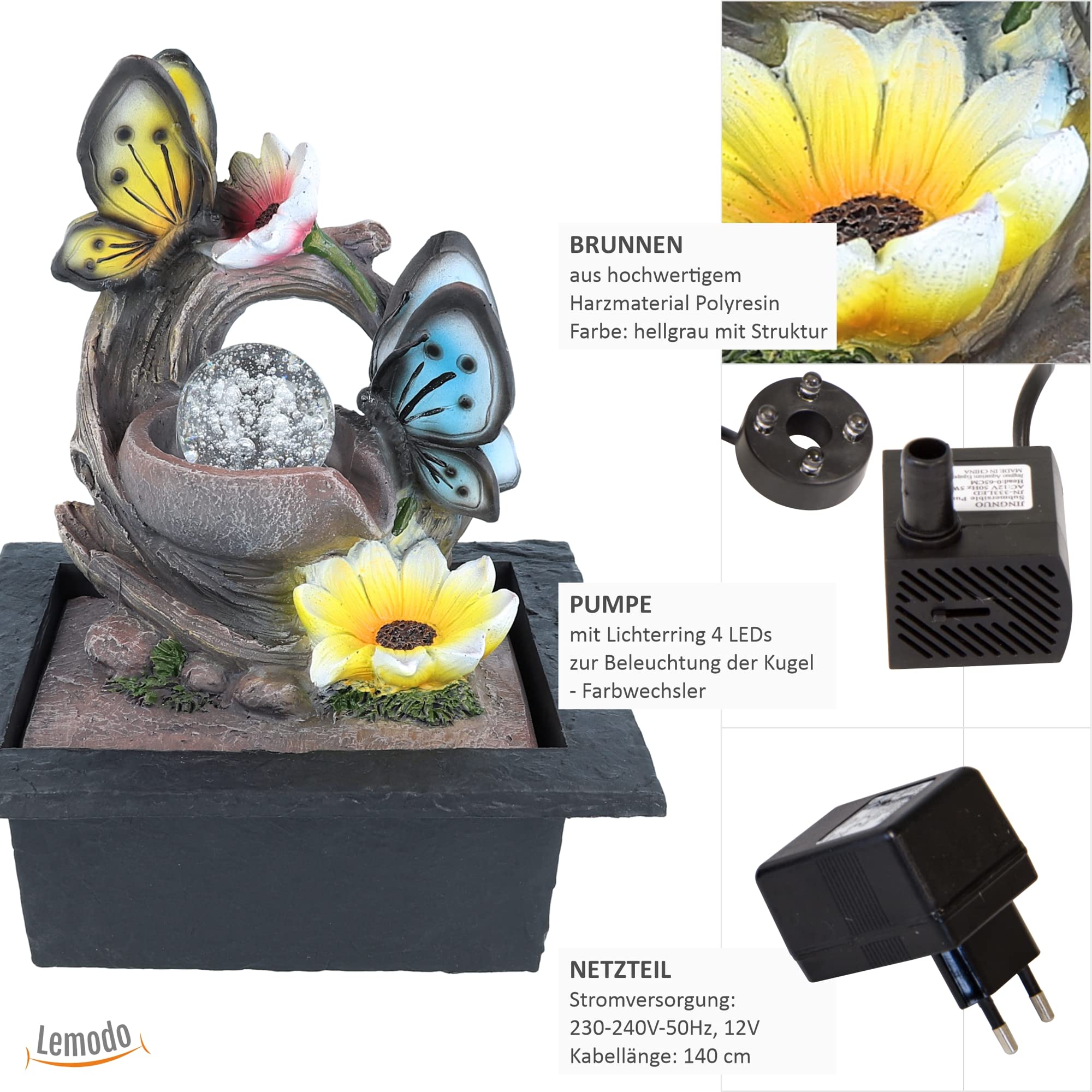 lemodo-zimmerbrunnen-schmetterling-motiv-tischbrunnen-mit-pumpe-led-und-rotieren image 2